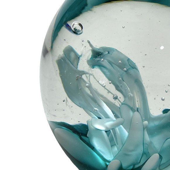 Vintage 1990s Abstract Sea Life Art Glass Paperweight Turquoise Clear Handblown - Picture 8 of 8